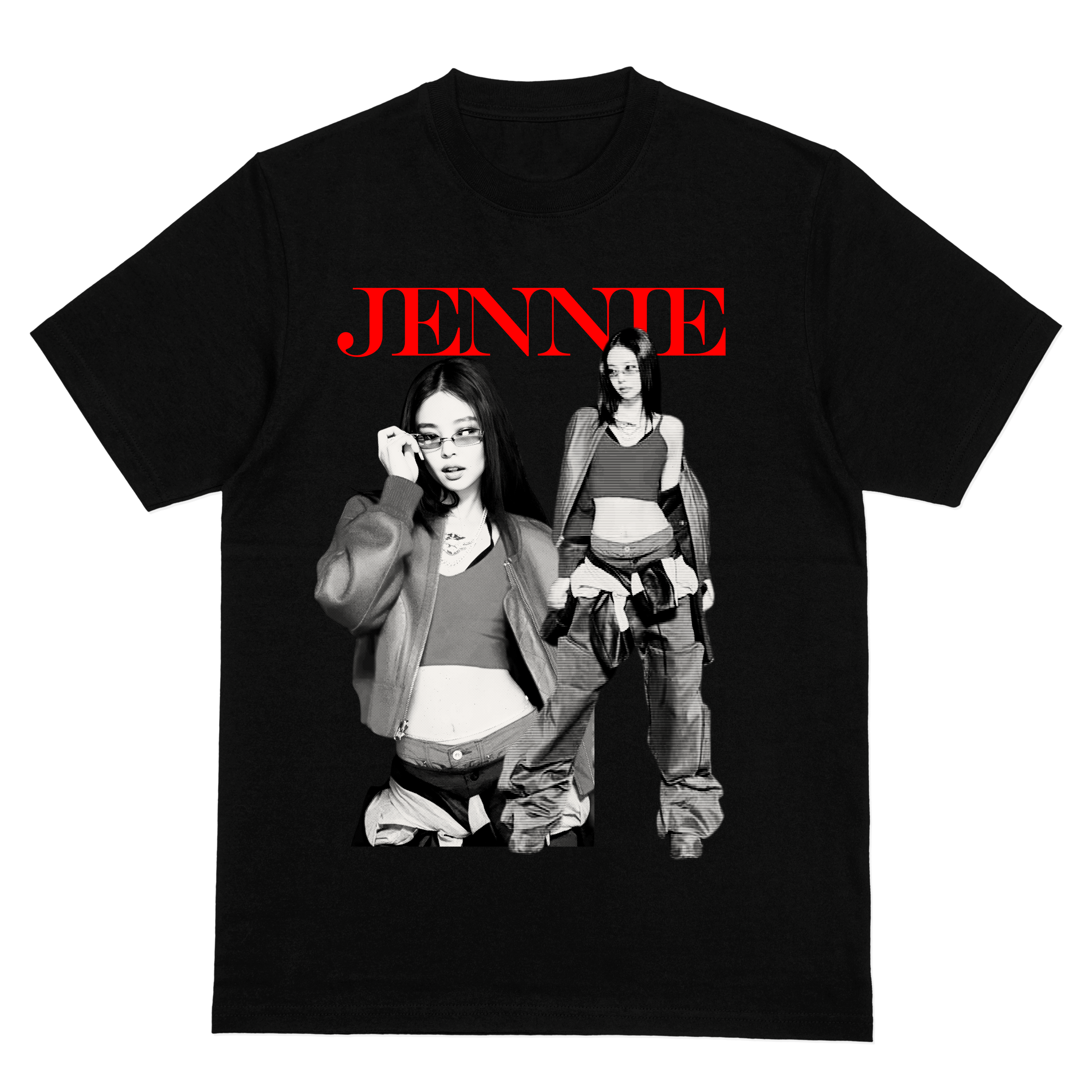 K-Pop JENNIE Vintage Aesthetic Shirt – Black & White Performance Print