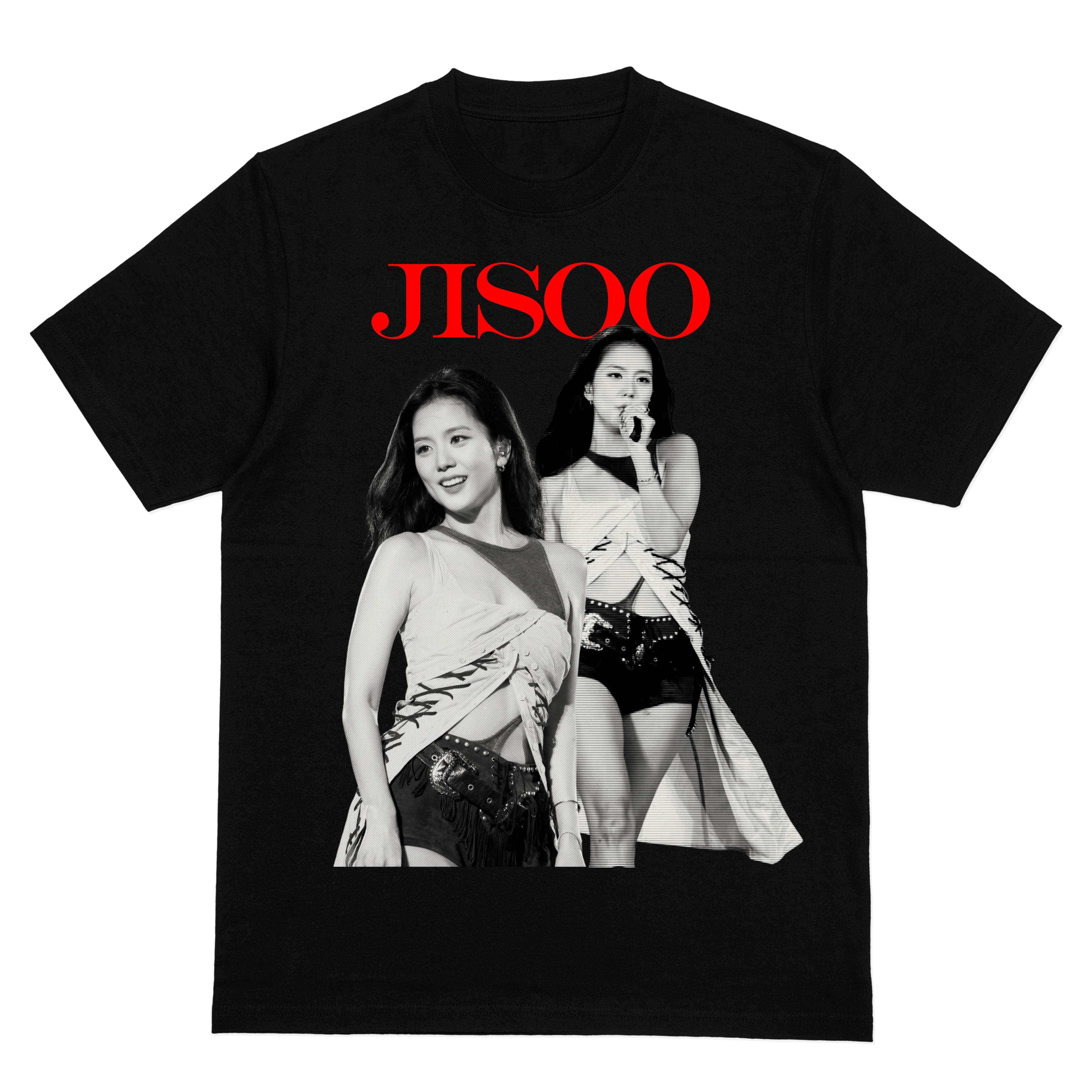 K-Pop JISOO Vintage Aesthetic Shirt – Black & White Performance Print